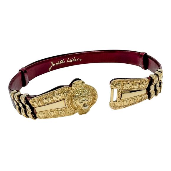 Judith Leiber vintage Lion's Head belt burgundy red leather & gold adjustable OS - Picture 7 of 10